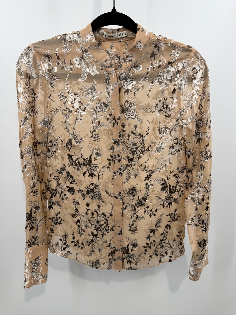 Alice + Olivia Silk Blend Metallic Floral Burnout Button Front Blouse Size XS
